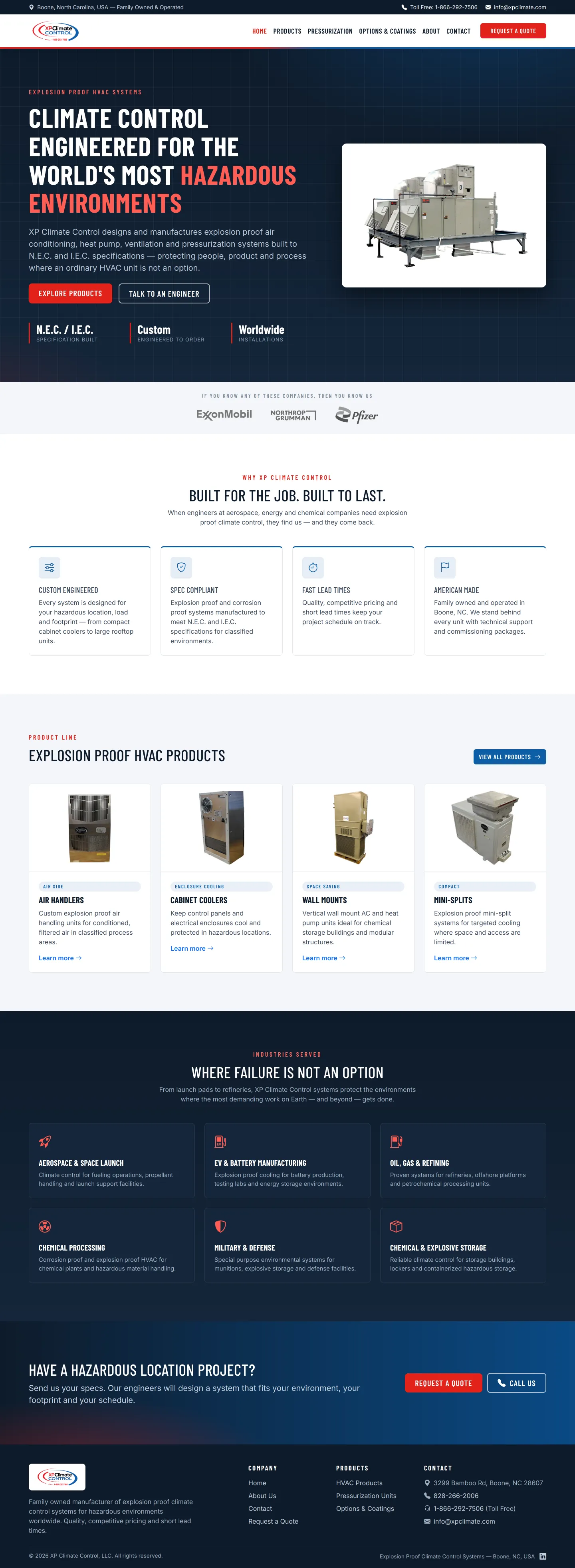 Rebuilt XP Climate Control homepage at desktop width: a header with navigation and a Request a Quote button, a headline stating the company engineers climate control for hazardous environments, a product photograph, Explore Products and Talk to an Engineer buttons, and a strip reading N.E.C. / I.E.C. specification built.