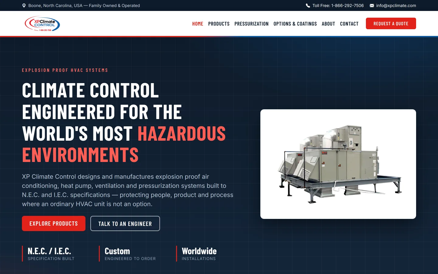 Rebuilt XP Climate Control homepage at desktop width: a header with navigation and a Request a Quote button, a headline stating the company engineers climate control for hazardous environments, a product photograph, Explore Products and Talk to an Engineer buttons, and a strip reading N.E.C. / I.E.C. specification built.