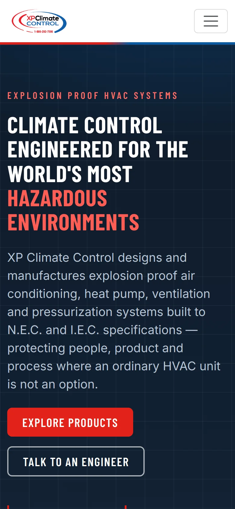Rebuilt XP Climate Control homepage on a phone: a compact header with the logo and menu, the headline about hazardous environments, a short description, and stacked Explore Products and Talk to an Engineer buttons.