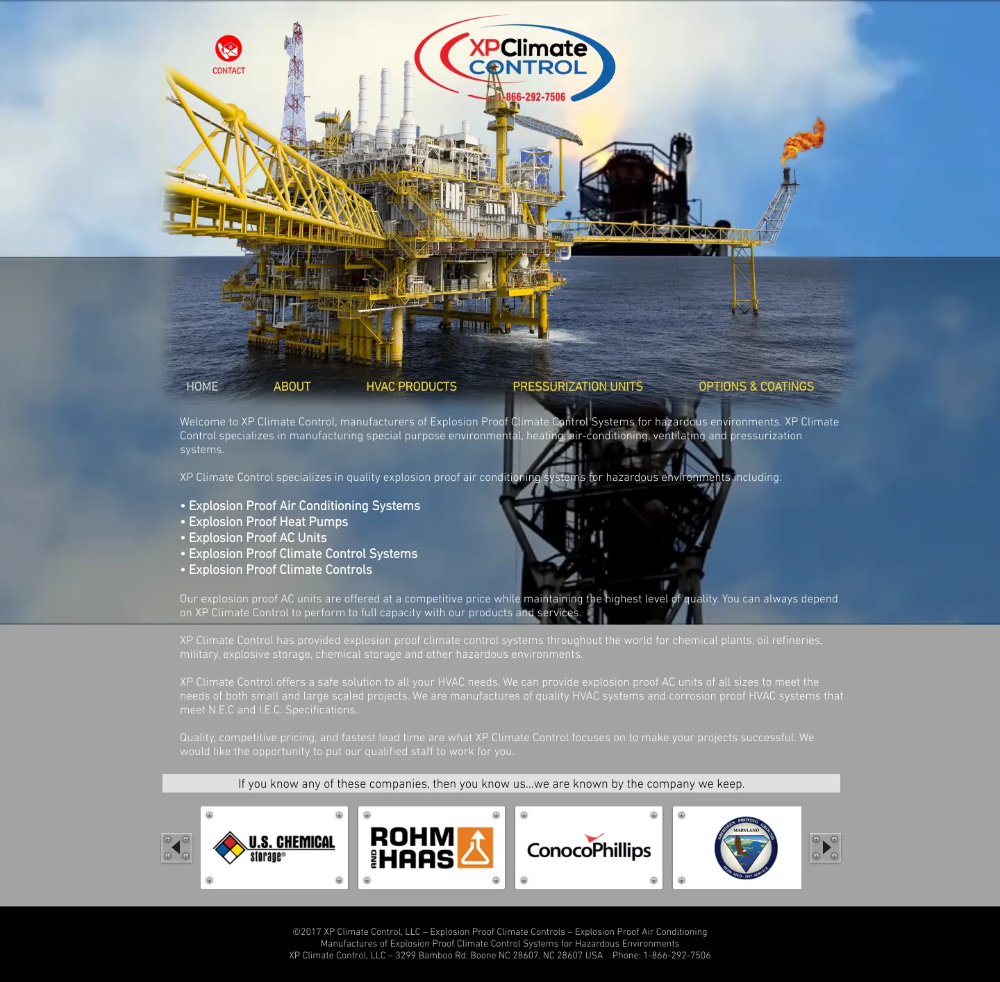 Original XP Climate Control homepage at desktop width: a full-width photograph of an offshore platform with the logo centred, the navigation set low over the image, and paragraphs of introductory text below it.