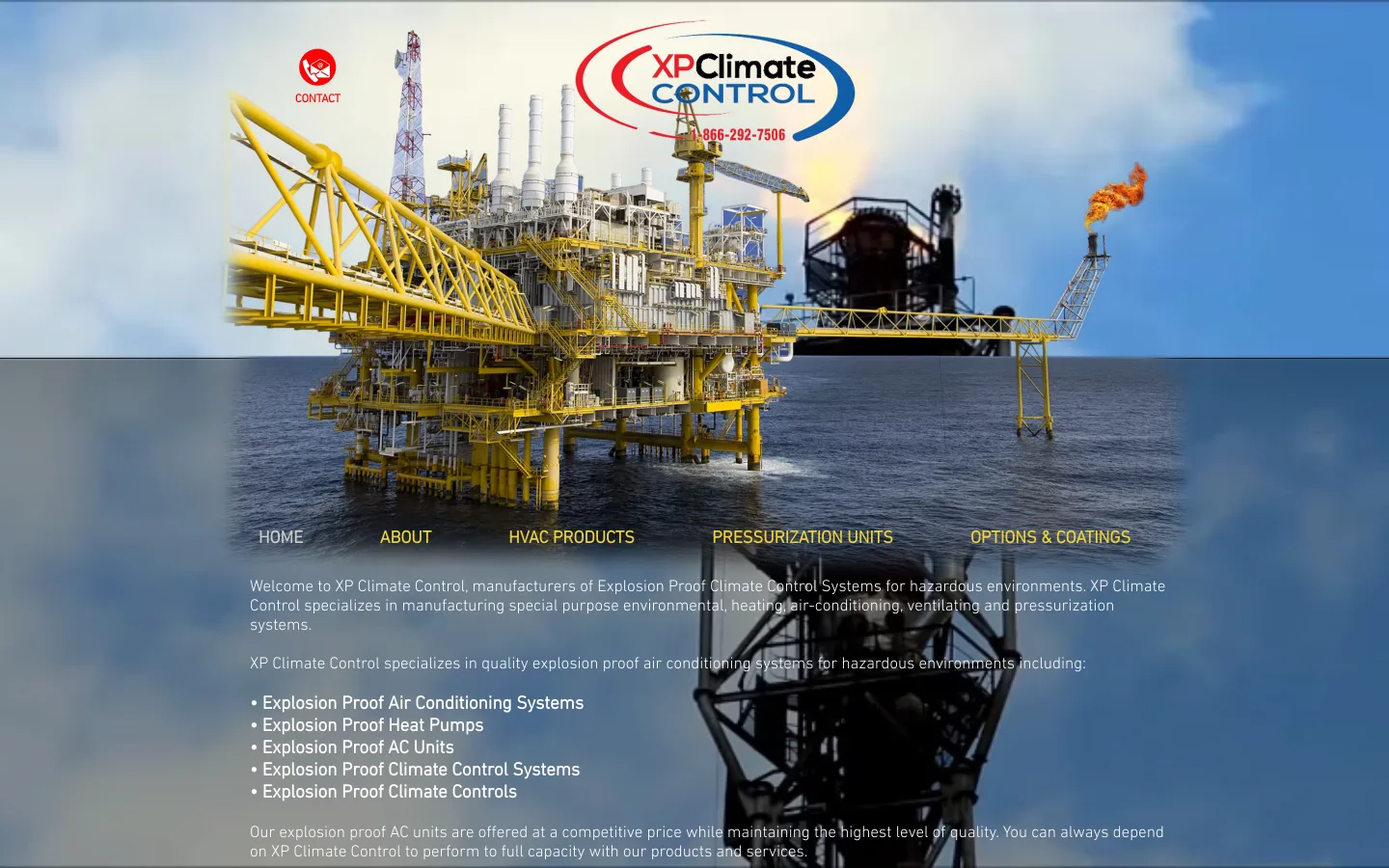 Original XP Climate Control homepage at desktop width: a full-width photograph of an offshore platform with the logo centred, the navigation set low over the image, and paragraphs of introductory text below it.