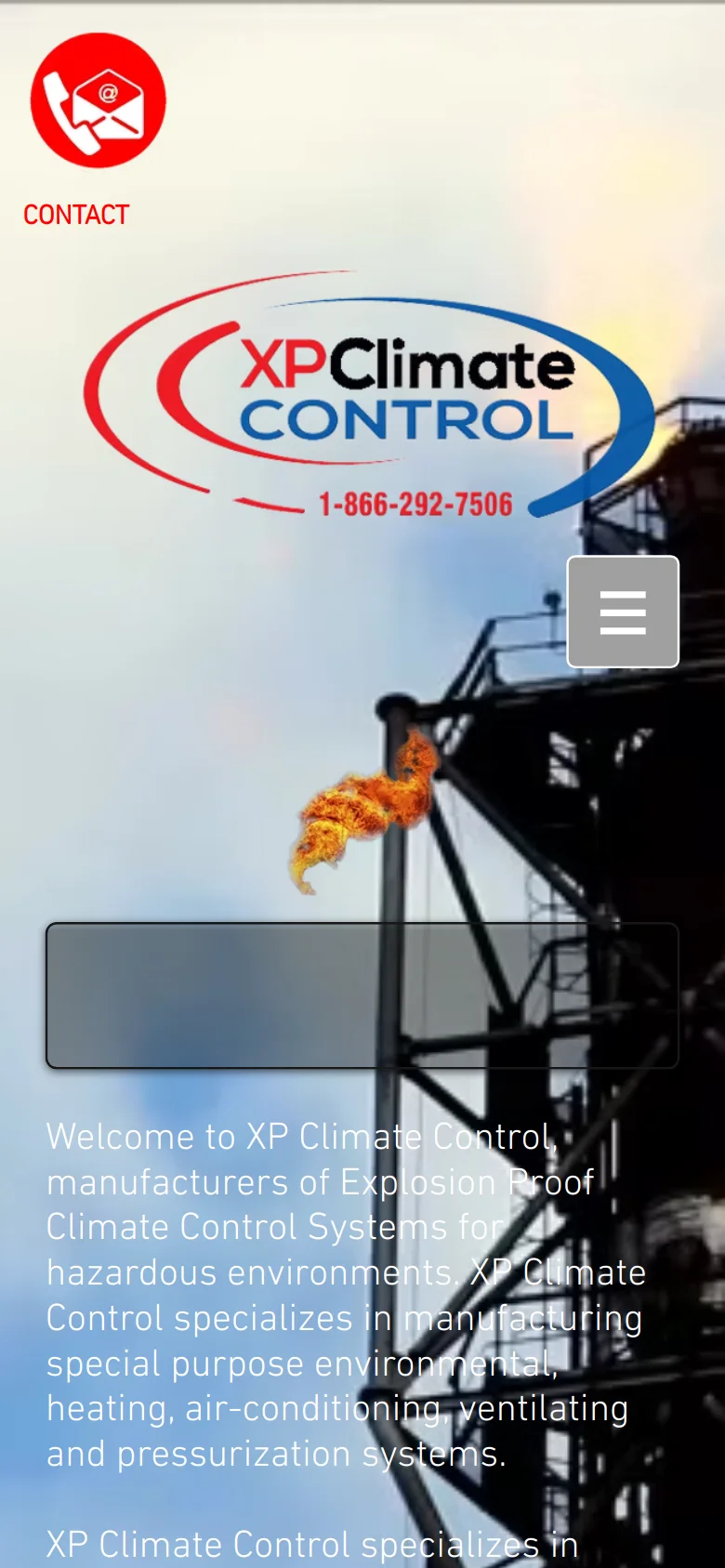 Original XP Climate Control homepage on a phone: a contact icon, the logo, a menu button, and introductory paragraphs set in white text over a photograph of a gas flare.